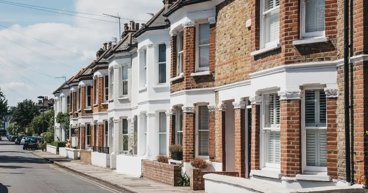Residential terraced houses, illustrating property ownership such as freehold and leasehold