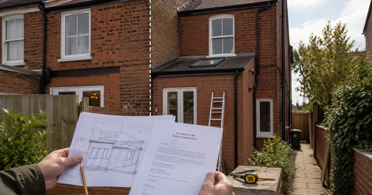 Someone standing outside a house looking at a drawing of the house and the party wall act