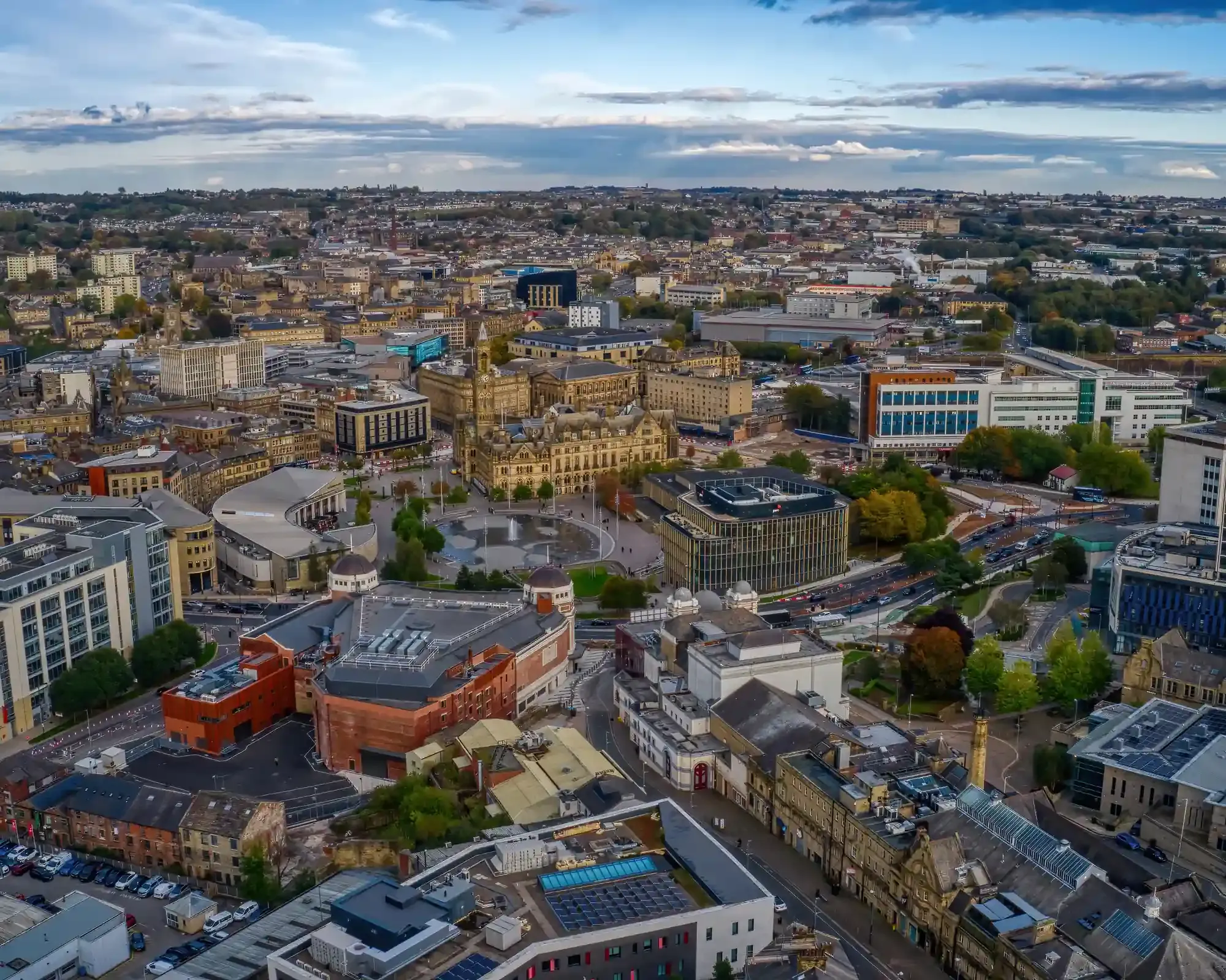 Aerial view of Bradford city centre, featuring City Hall and Centenary Square