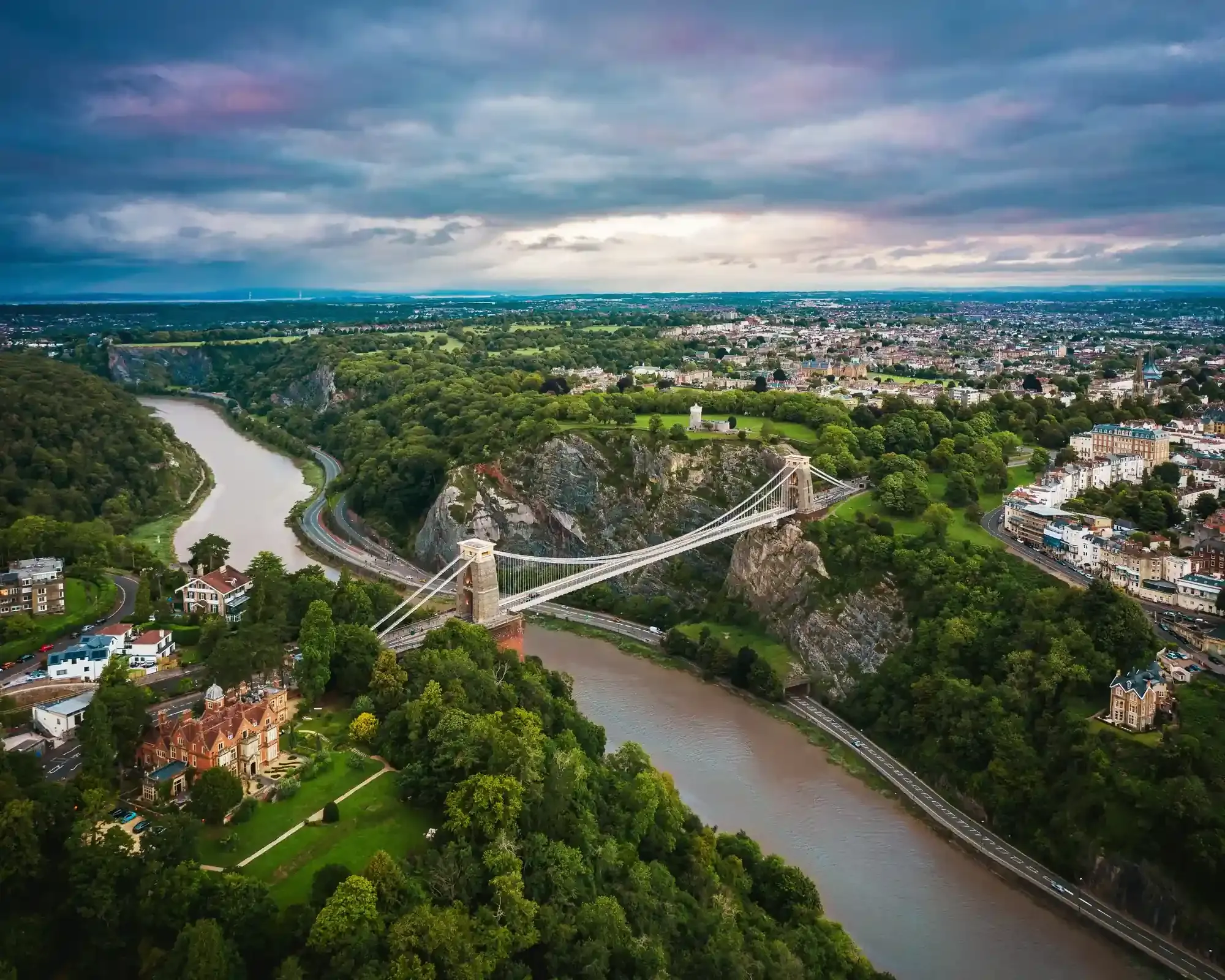 Aerial view of Clifton Suspension Bridge spanning the Avon Gorge, Bristol