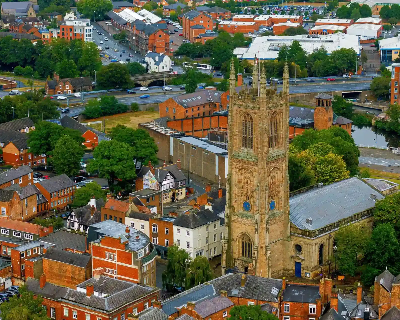 Aerial view of Derby Cathedral tower and city centre, home to our conveyancing solicitors