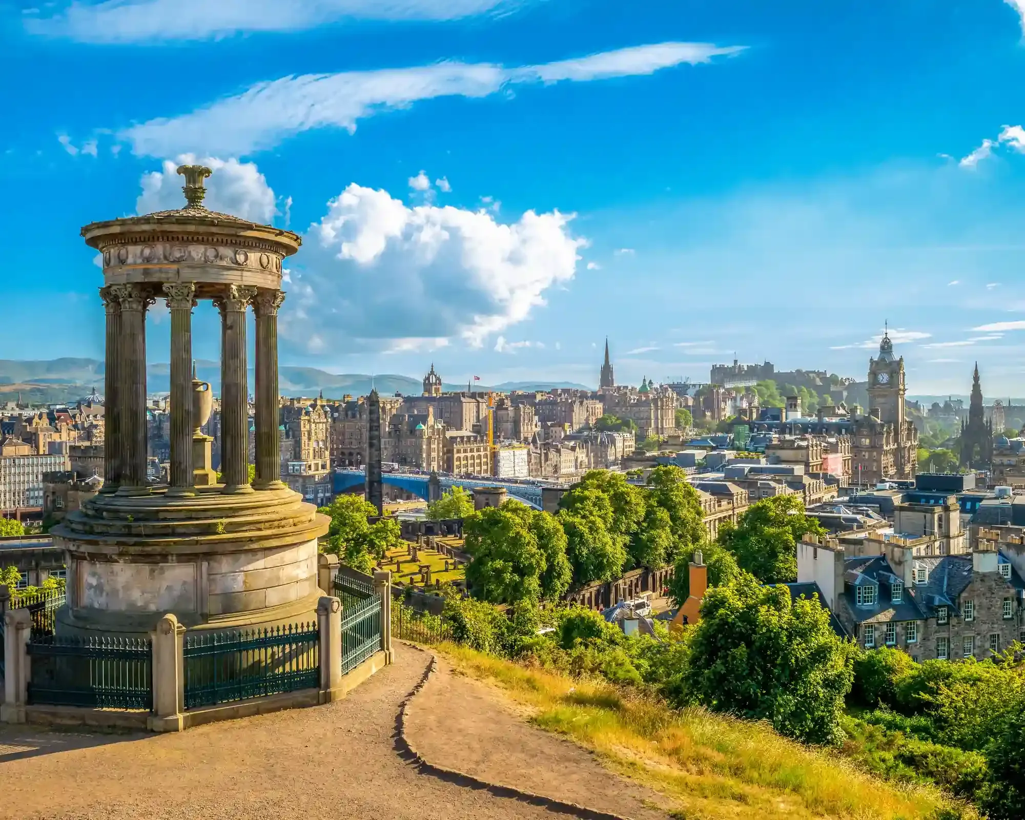 View of Edinburgh city skyline from Calton Hill, featuring the Dugald Stewart Monument, home to our conveyancing solicitors
