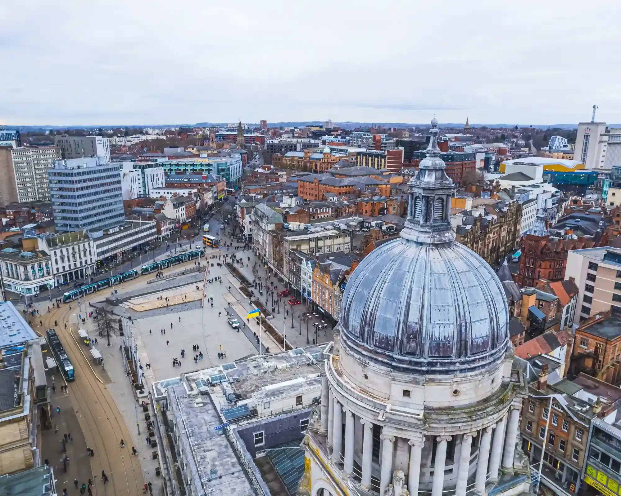 Aerial view of Nottingham city centre, featuring the Council House dome and Old Market Square