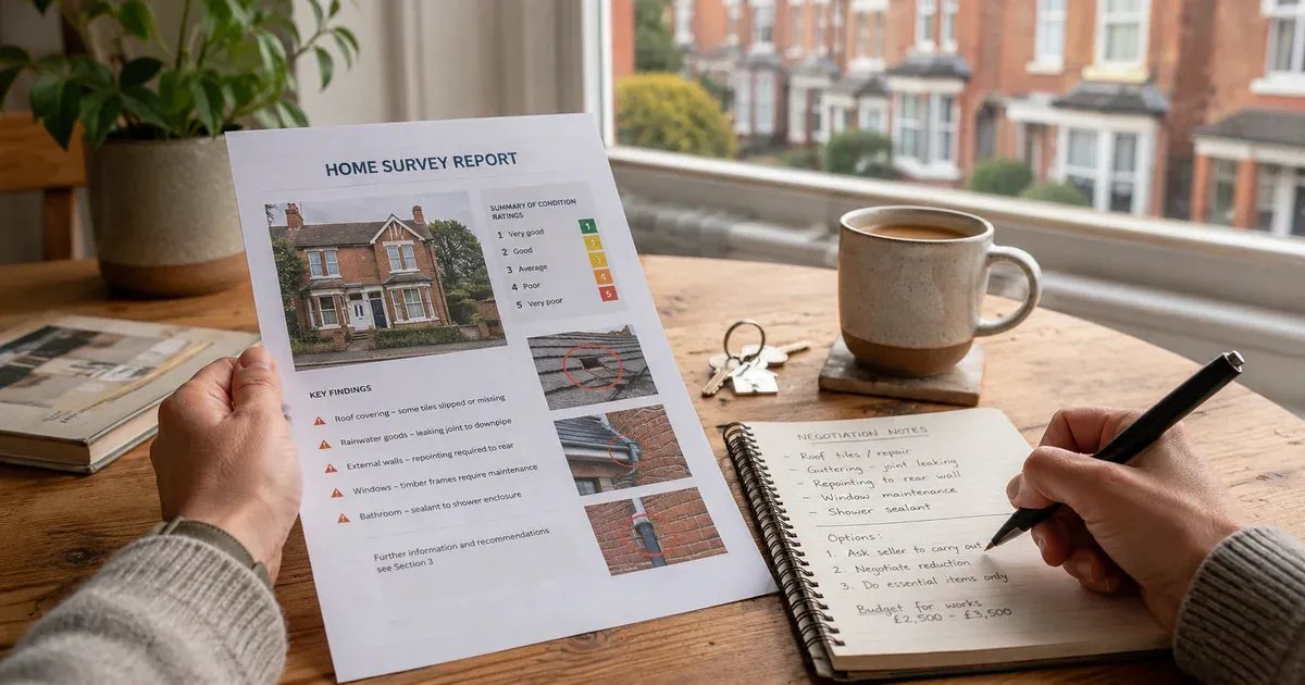 Someone sitting at a table at home reviewing a printed survey report.