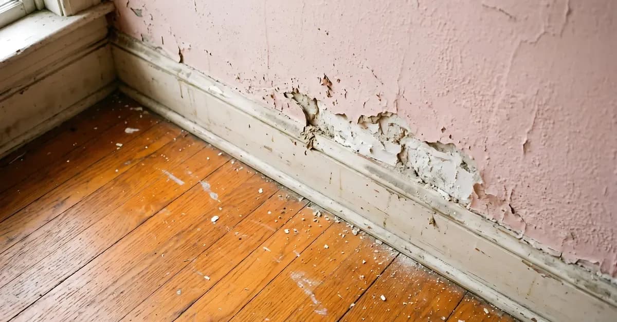 Flaking paint and crumbling plaster at the base of a wall above a skirting board.