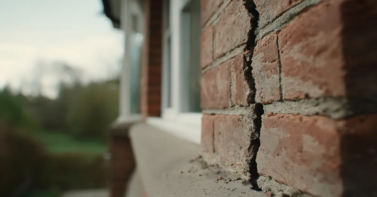 Large crack running through the brickwork of a house.