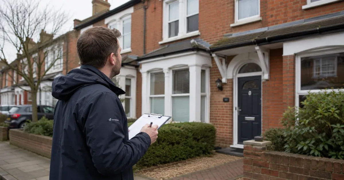 Surveyor standing outside a house with a clipboard